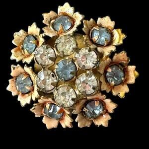 1940’s SANDOR Signed Small Antique Flower Brooch Sea Blue and Clear Rhinestones